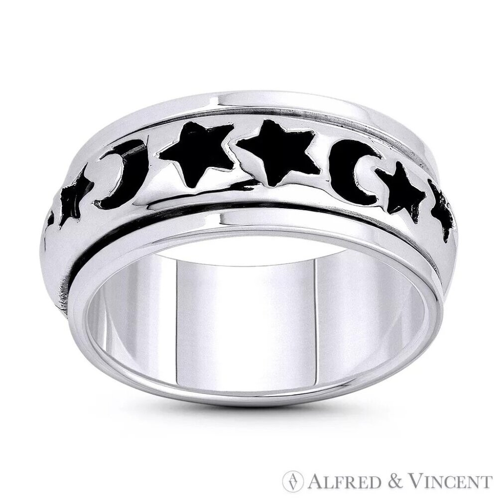 Waxing Crescent Moon & Star Lunar Men's Ring in .925 Sterling Silver Size 13
